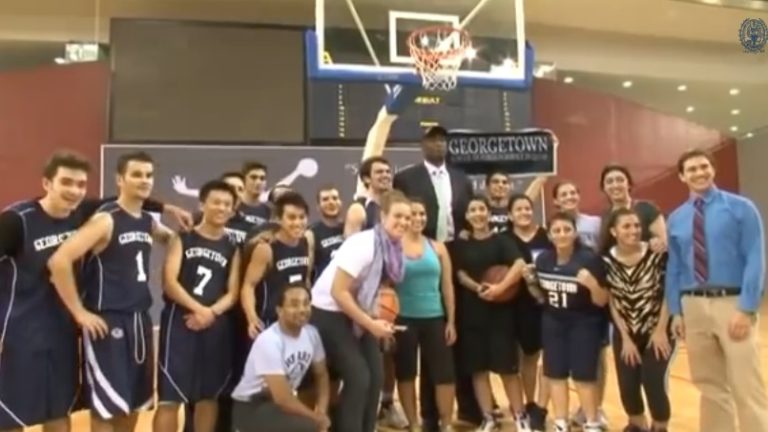 Dikembe Mutombo Visits Georgetown SFS-Q Basketball Teams