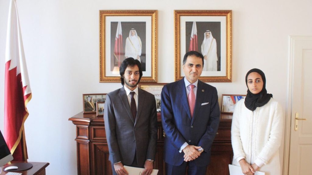 Abdallah Al-Kuwari (SFS â17) and Hessa AlDosari (SFS â17) with Ambassador of Qatar to Austria