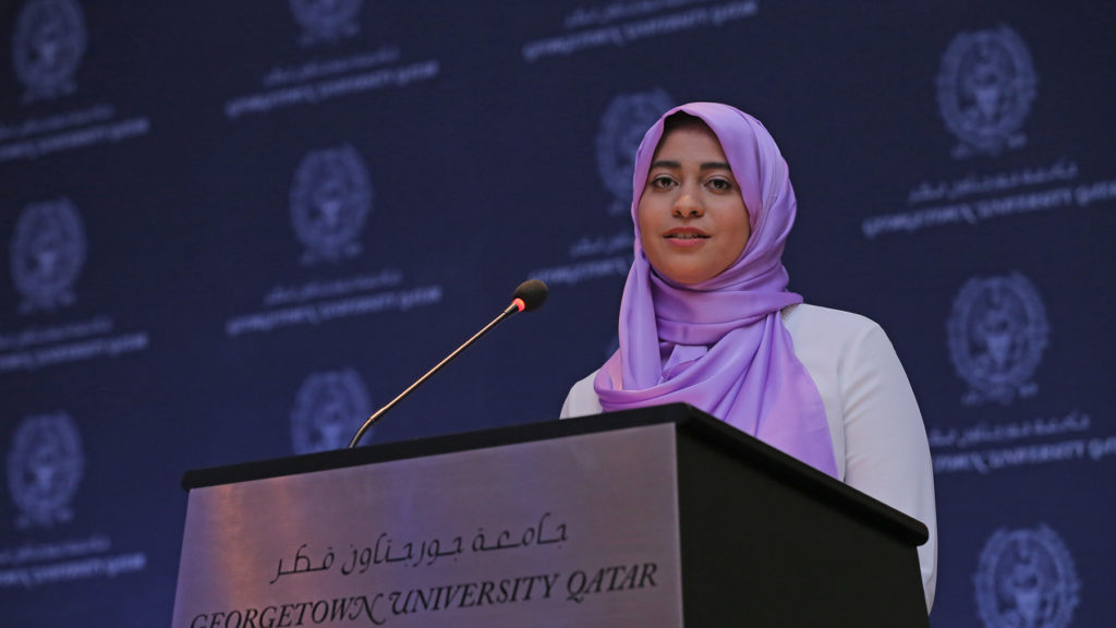Thana Hassan El-Sallabi (SFS â17) addressed her fellow graduates for the senior class speech.