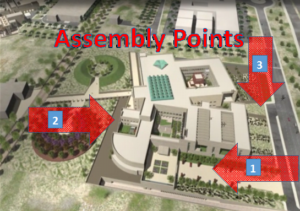 Overhead image of Georgetown Building with arrows pointing to the Assembly Points