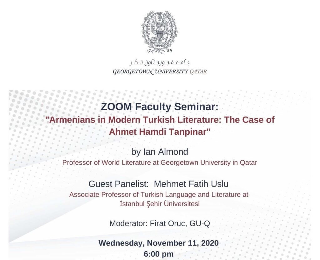 Details of the Zoom Webinar, including the Georgetown Seal at the top of the Image, followed by the names of the Spearker - Ian Almond -, Panelist - Mehmet Fatih Uslu -, and Moderator - Firat Oruc