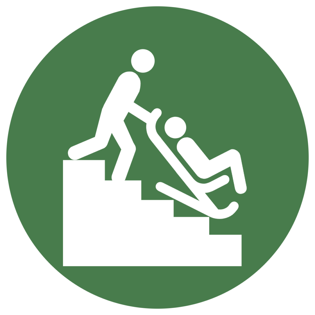Image is showing a person being assisted down a fire exit (stairs) | image is white on a dark green background