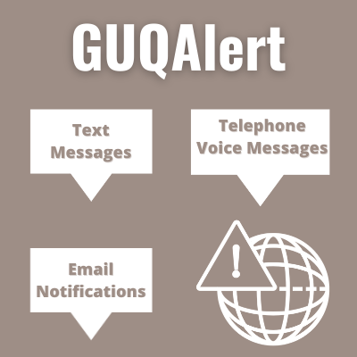 White Text on Grey Background reads: GUQAlert | Text Messages | Telephone Voice Messages | Email Notifications. There is an image of the network sign with an exclamation mark on the bottom right of the picture