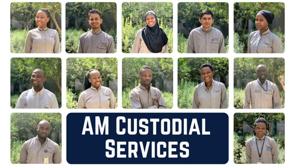 Picture collage of 12 AM cleaners, with white on navy blue text that reads: AM Custodial Services
