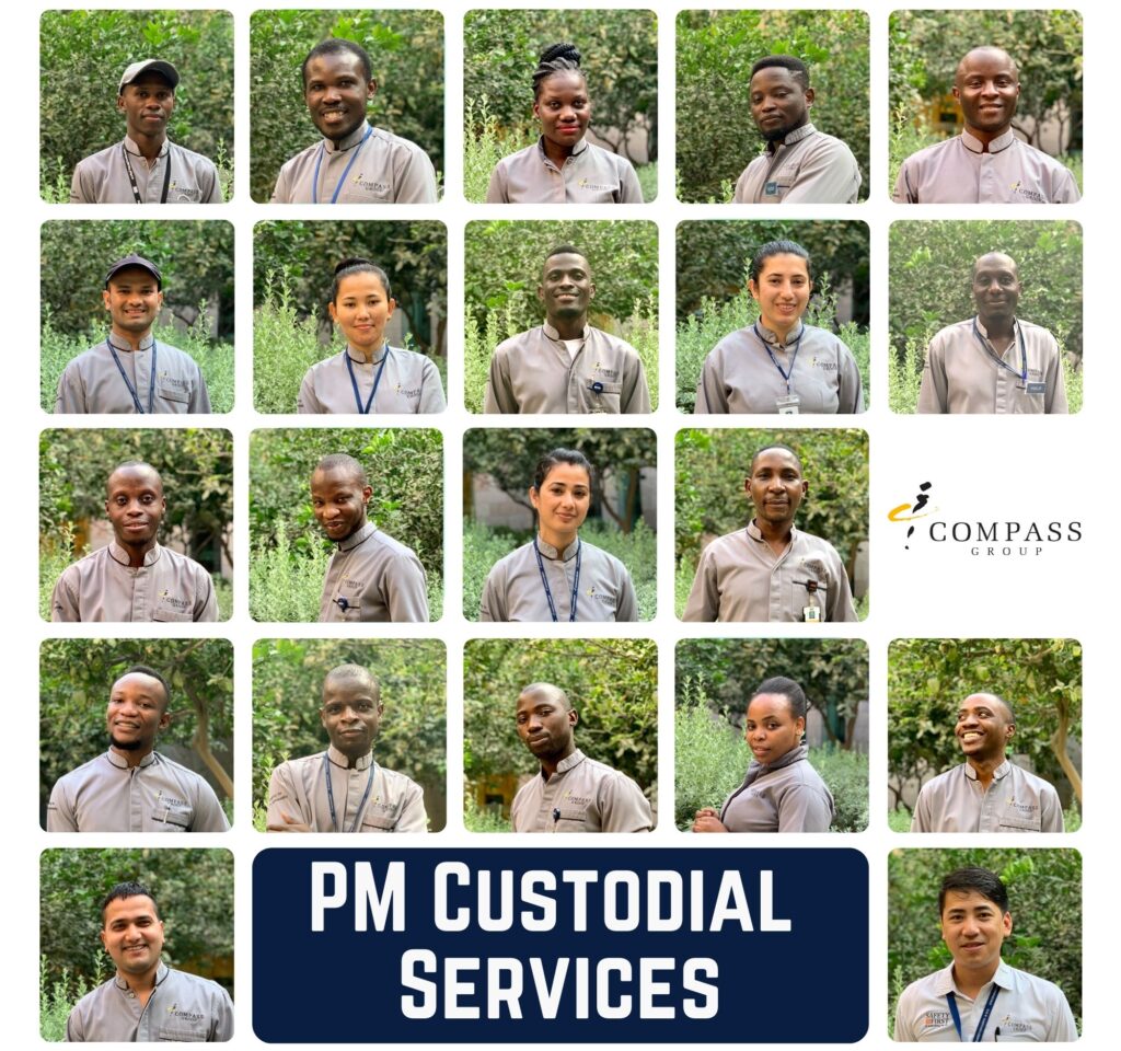 Picture collage of 21 PM cleaning team members with white text on navy blue that reads: PM Custodial Services