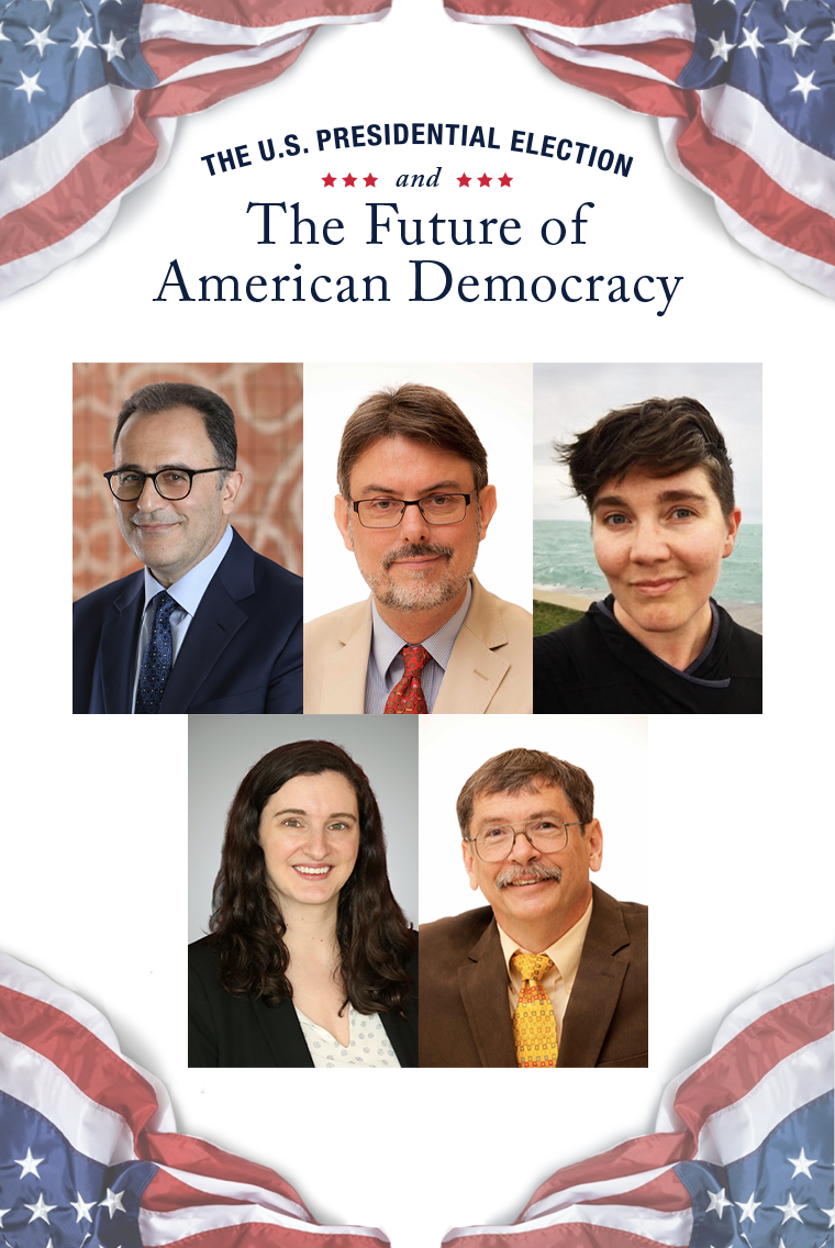 Image shows headshots of Ahmed Dallal, Anatol Lieven, Trish Kahle, Amanda Garett and Clyde Wilcox. The image is bordered with the american flag and the text reads: "The US presidential election and the future of American Democracy"