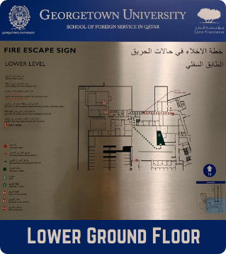 Lower Ground Floor Emergency Evacuation Plan showing the fire escape signs