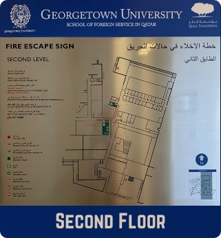 Second Floor Emergency Evacuation Plan showing the fire escape signs