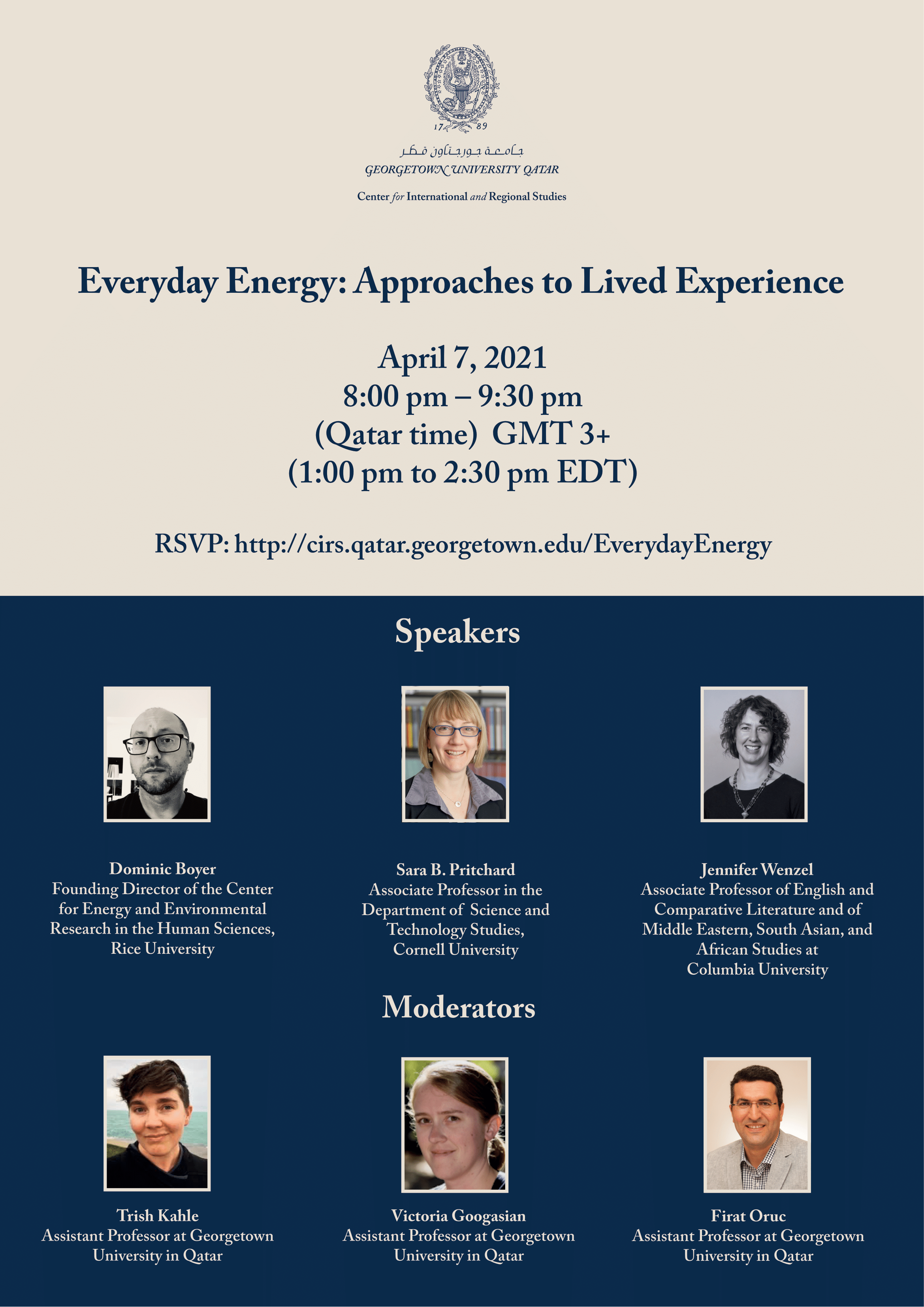 Image contains the CIRS logo, followed by text: Everyday Energy: Approaches to Lived Experience | April 7 | 8 pm to 9:30 pm | RSVP | Pictures of speakers mentioned in text.