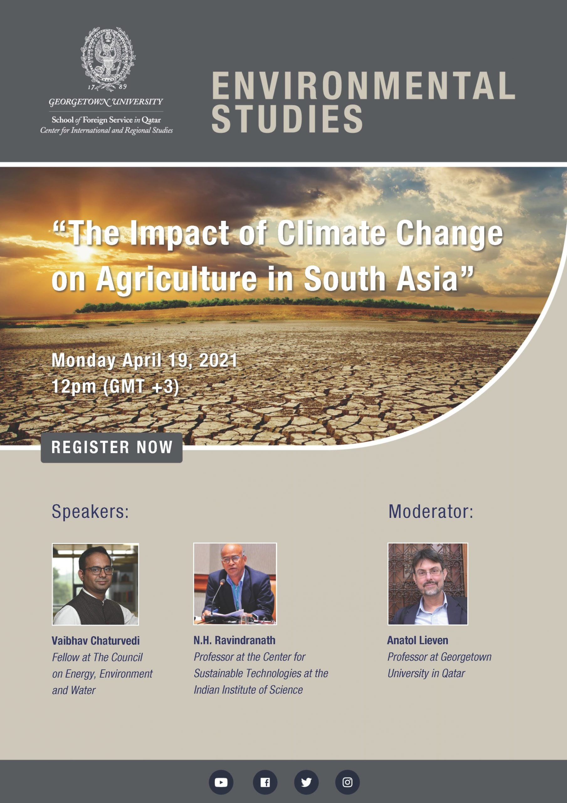 poster with a the title Environmental Studies and the CIRS logo on a grey background, an image of a dry and cracked scotched earth with the sun setting in the hosizon and the title of the event. Below is 3 images of the speakers and the moderator