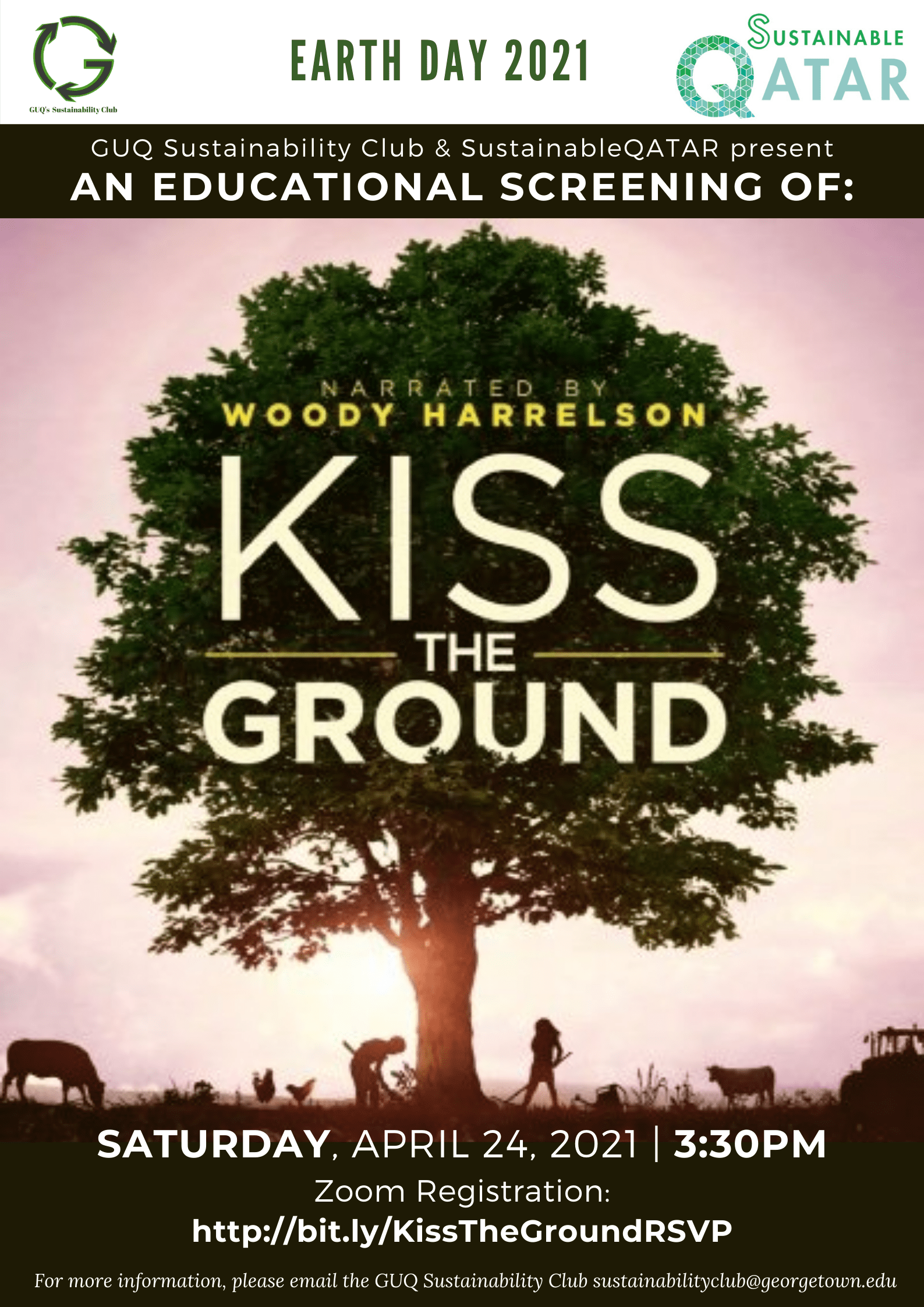 image of a large tree with the sunset in the back ground and some two dark human shadows of a man and a woman on opposite side of the tree appearing to hold digging tools, and some farm animals walking around - The title of the movie "Kiss the Ground" appears on the front of the tree and at the bottom of the poster is the event details.