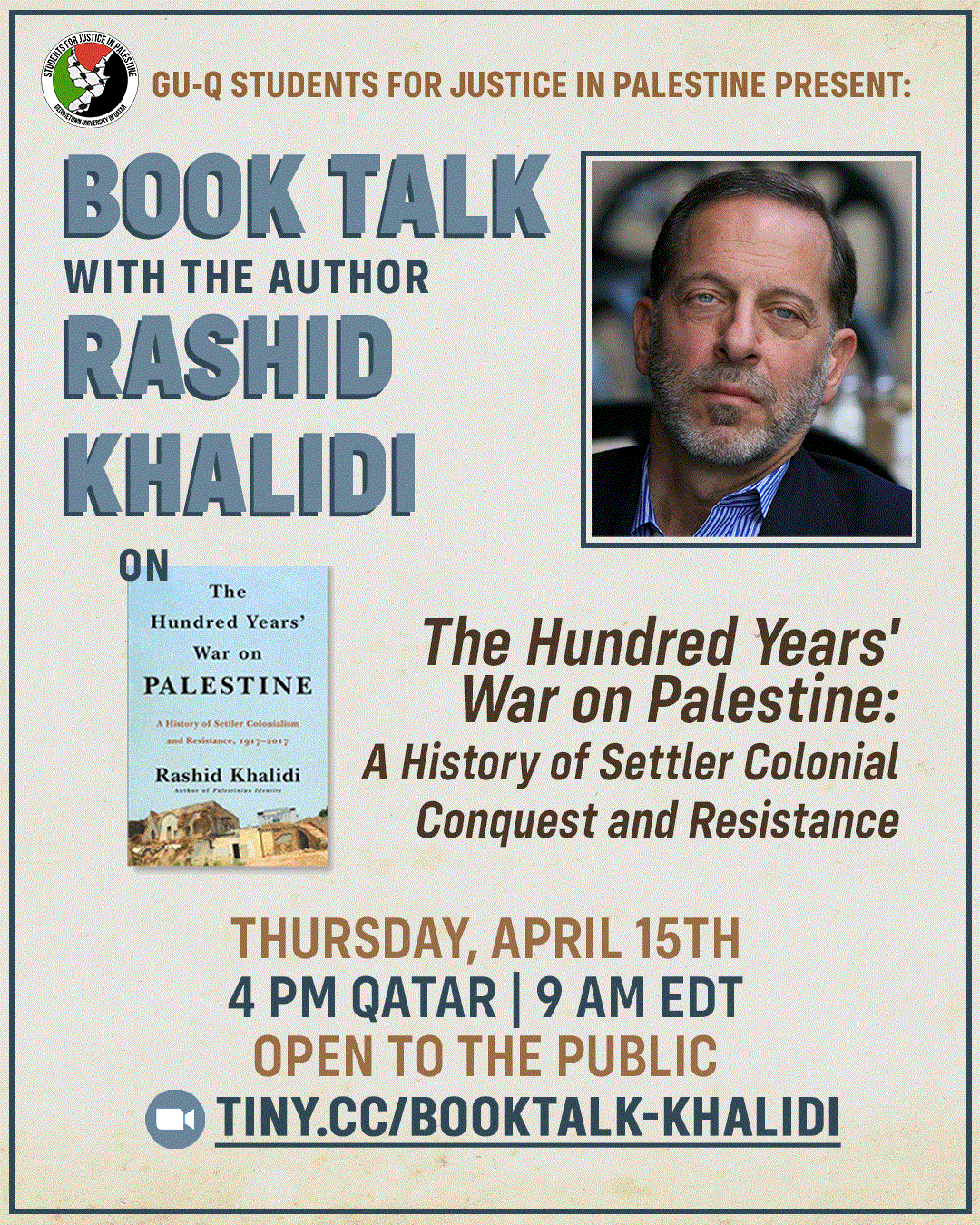 Poster for book talk event with author Rashid Khalidi