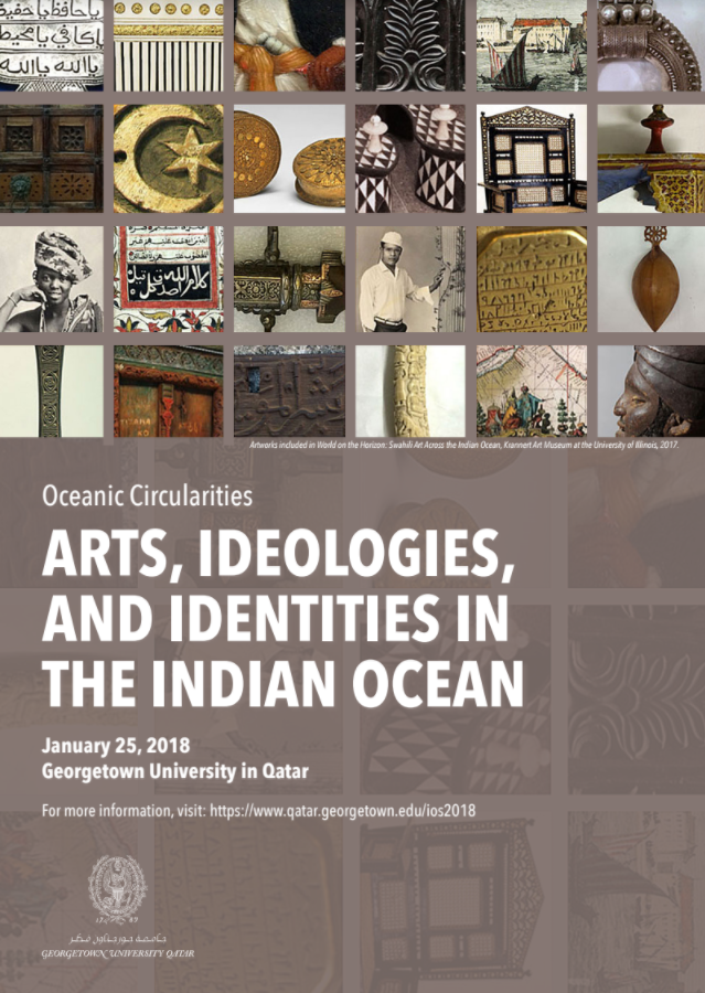 A mosaic collage of different commodities traded across the Indian Ocean and icons of religion, as well as portraits of people living along the Indian Ocean