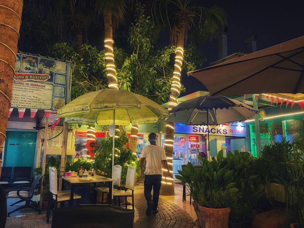 The outdoor terrace seating of Thai Snack, filled with palm trees and other greenery