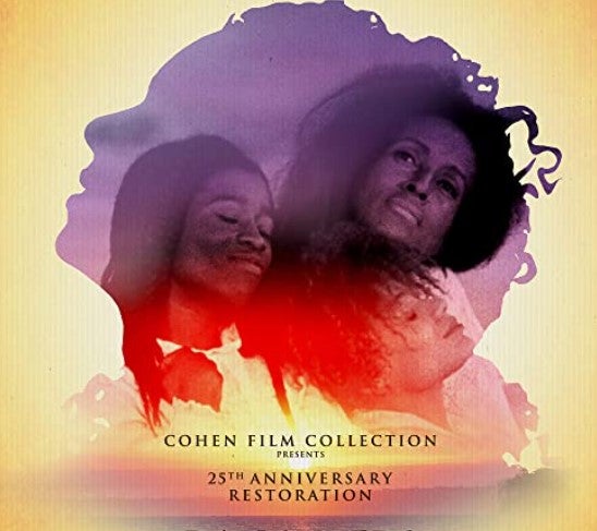 image of the film cover for daughters of the dust. picture of 3 african american women standing with their heads next to each other with a background silhouette of a woman's head and a beautiful sunset underneath
