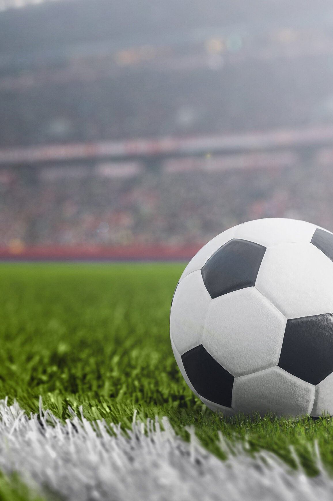 black and white football on the grass at a FiFA World Cup Stadium