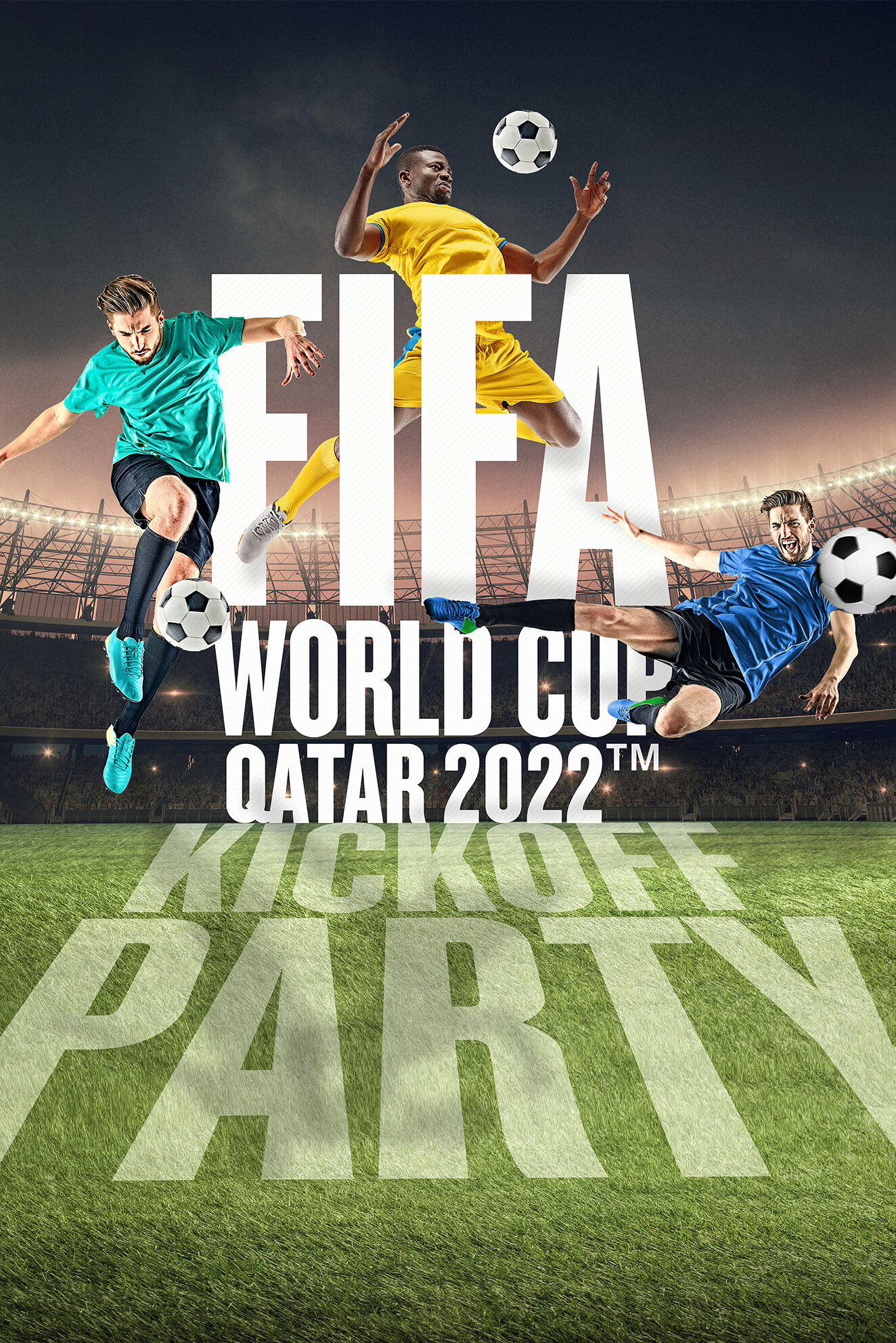 green football grass with thre football players kicking a ball with a title saying FIFA World Cup Qatar 2022