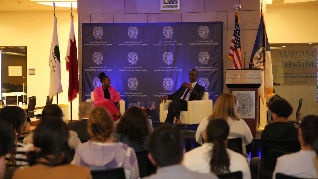 US Ambassador to the State of Qatar Timmy T. Davis with GU-Q Student Michelle Siyabonga Hadebe
