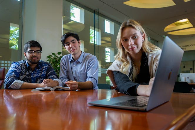 Students in library looking at a laptop